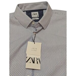 ZARA Slim Fit Button Down Shirt XL Blue Dot Print New with Tags